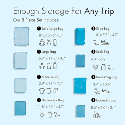 (Not Made In China) Packing Cubes For Travel, Luggage and Suitcase Organizer Bags, Carry On and Backpack Space Savers, Lightweight Waterproof Nylon, 8pc Set, Blue