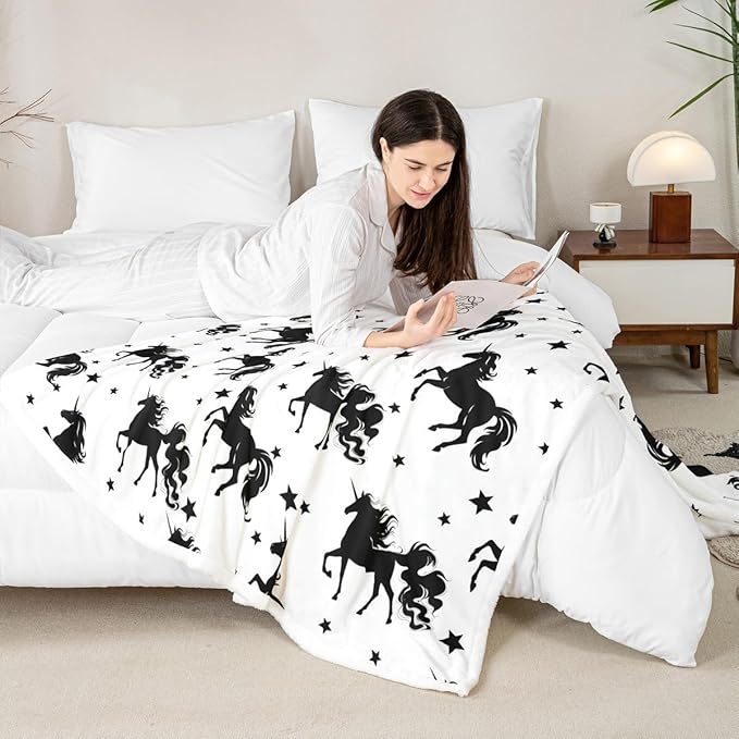 Cartoon Unicorn Kids Throw Blanket,Starry Sky Galaxy Romantic Bed Blanket for Girls Boys Adults,Cute Animals Simple Fleece Blanket,Black White Chic Fuzzy Blanket,Twin Size (60 x 80 Inches)