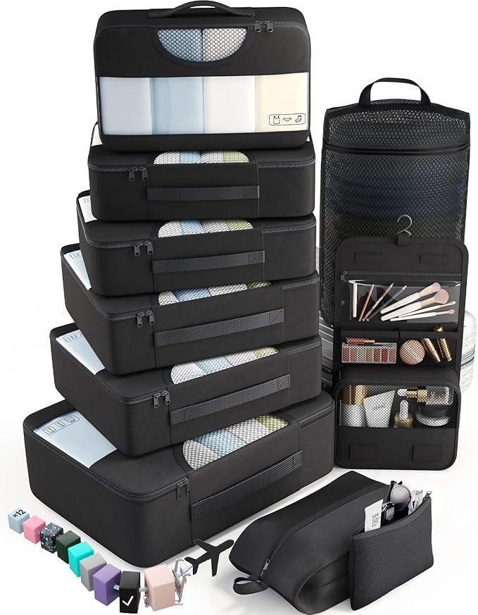 Veken 10 Set Packing Cubes for Travel Essentials, Suitcase Organizer Bags in 4 Sizes, Carry-On Luggage Accessories with Large Laundry Bag & Passport Holder, Must-Have for Airplane, Road Trip & Camping