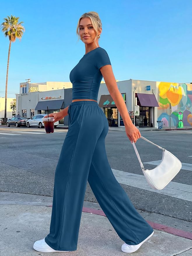 Trendy Queen 2 Piece Matching Summer Lounge Set Womens Side Ruching Top Wide Leg Pants Sets with Pockets