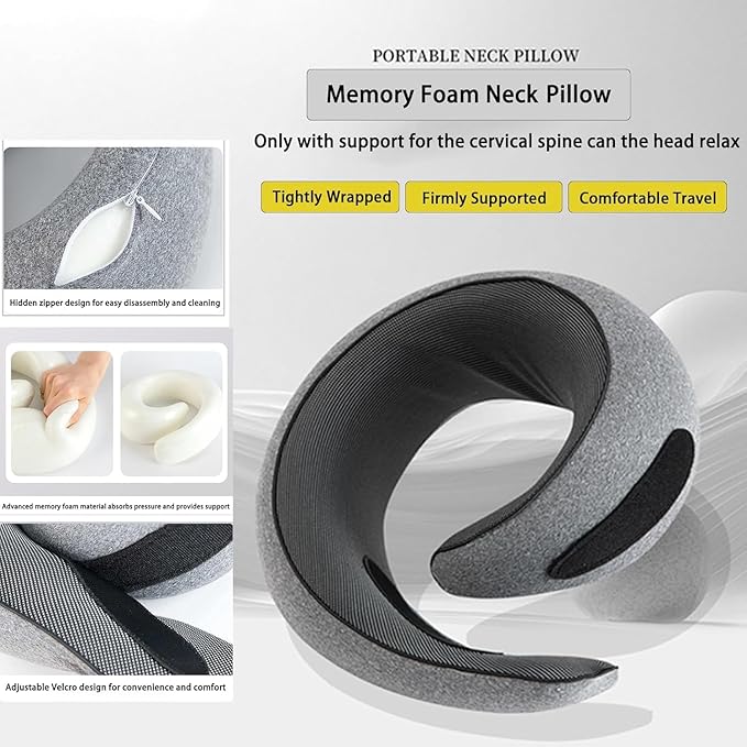 Travel Neck Pillow for Airplane - 100% Memory Foam 360° Ergonomic Support - Adjustable Velcro, Washable Velvet Cover & Compact Storage Case - Flight Essentials for Sleeping(Grey)