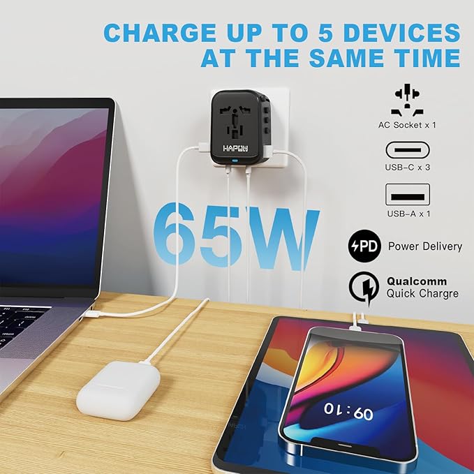 HAPOW Universal Travel Adapter, GaN 65W International Power Adapter, 3 USB-C & 1 USB-A Fast Charging Travel Charger, All in One Worldwide Travel Plug Adapter, Outlet Adapter for Europe UK USA AU