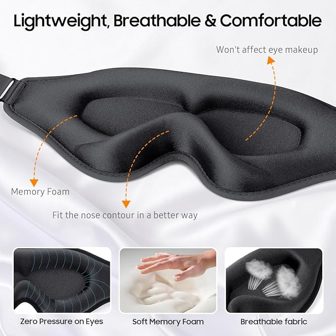 Sleep Mask, Premium Eye Mask for Sleeping, Total Blackout, Super Soft Comfort, Adjustable Fit, Upgraded 3D Ergonomic Designed Sleeping Mask for Home, Office, Travel, Meditation, Yoga, Black
