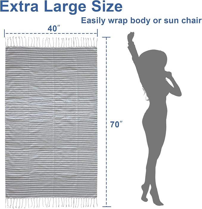 Oversized Turkish Beach Towel Quick Dry Sand Free Boho Blanket Extra Large XL Swim Bath Pool Picnic Accessories Airplane Travel Vacation Essentials Women Mother Birthday Gift Yoga Mat (Grey)