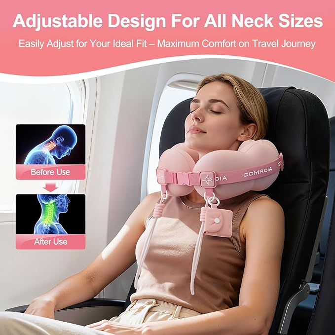 Travel Neck Pillow for Airplane Sleeping – 360° Head Support Prevents Bobbing, 100% Memory Foam Ergonomic Neck Cushion with No-Case-Needed Carry Strap for Long Flights & Car – Washable Cover (Pink)