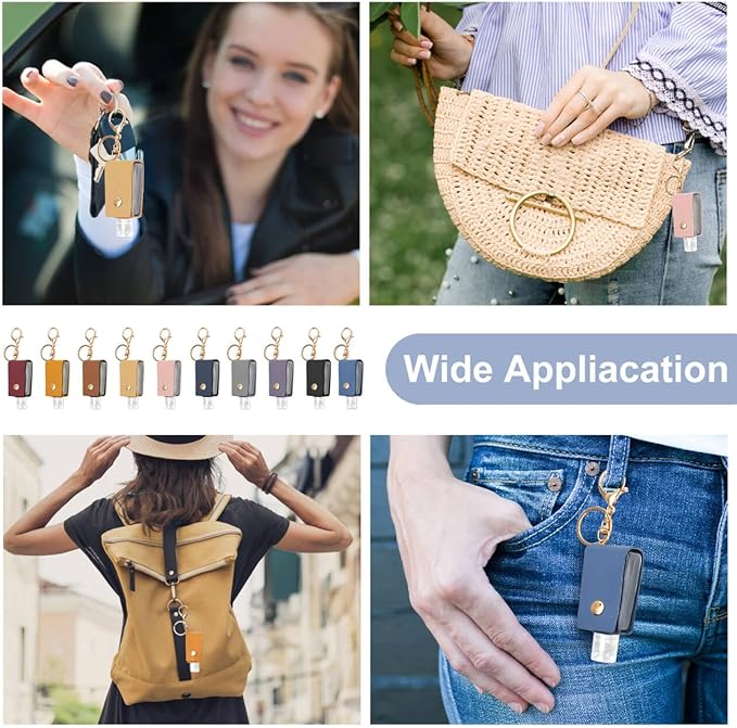 10PCS Hand Sanitizer Holders, 30ML Leather Keychain Holder Bottles Cases, Travel Size Empty Squeeze Bottle for Toiletry Shampoo Lotion Soap