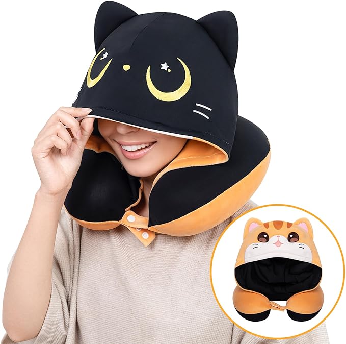Certified to ASTM & CPSIA Standards–Kids Travel Neck Pillow with Hood,Memory Foam Airplane Pillow,Double-Sided, Cute Design, Cooling Ice Silk & Soft Plush, Adjustable, Portable & Washable for Flights