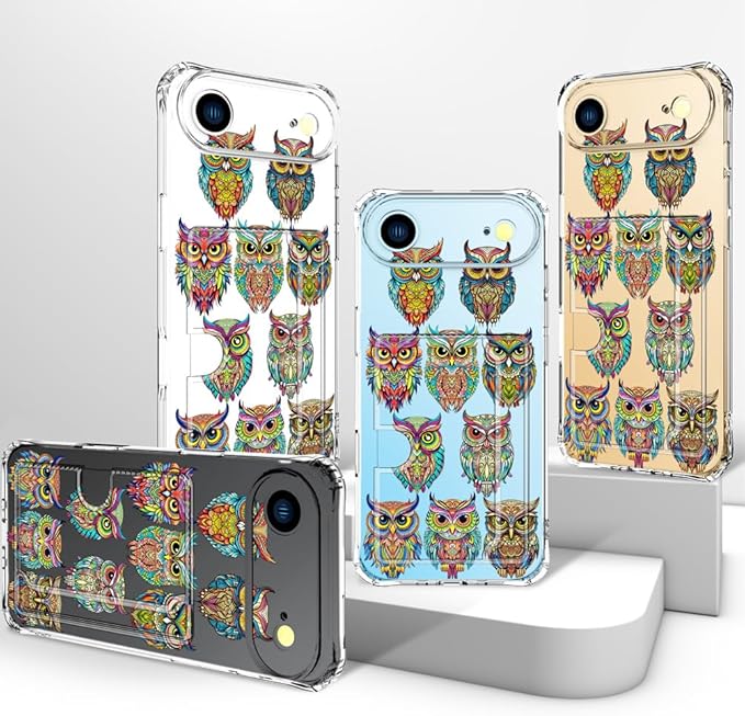 Compatible with iPhone 17 Air Case Card Holder for Women Cute Design,Wallet Phone Cases Transparent Cool Kawaii Protective (Clear Colorful Owls Cartoon)