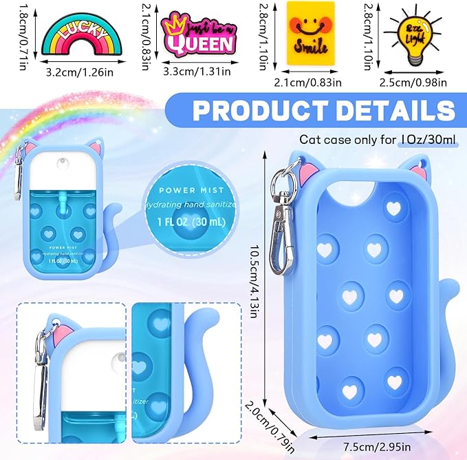 Cat Silicone Case Compatible with Touchland Hand Sanitizer Spray,1FL OZ/30ML Mist Holder with Keychain & 4 Cute Charms Accessory,Protective Cover for Touchland(1PCS Blue)
