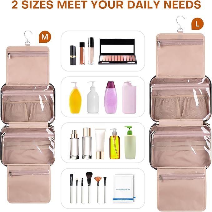 Hanging Toiletry Bag for Women Travel, 2 Sizes Large & Small Waterproof Cosmetic Organizer with 4 Compartments, Rotating Hook, Foldable Pink Travel Bag for Toiletries & Makeup - Large Black