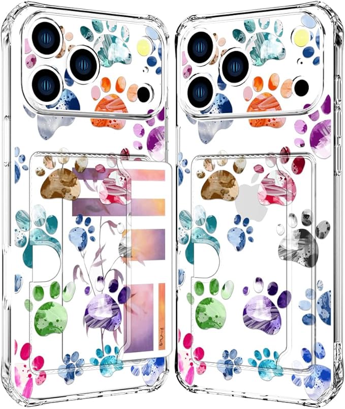 Compatible with iPhone 17 Pro Case Card Holder for Women Cute Design,Wallet Phone Cases Transparent Cool Kawaii Protective (Clear Lovely Dogs Paws)