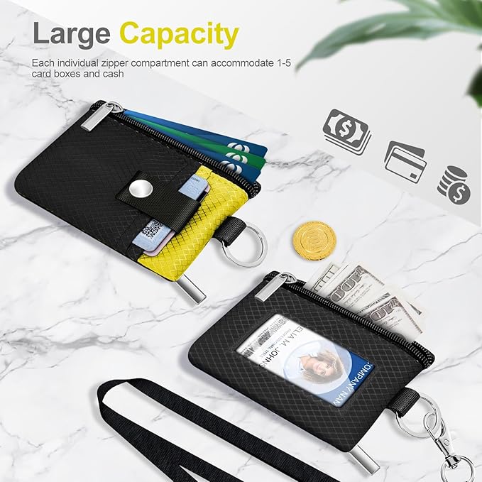Minimalist RFID Blocking Small Wallet with ID Window,WaterResistant Zip Id Case Wallet with Lanyard Keychain for Cards,Cash,Travel,Women,Men (Black/Lemon Yellow)