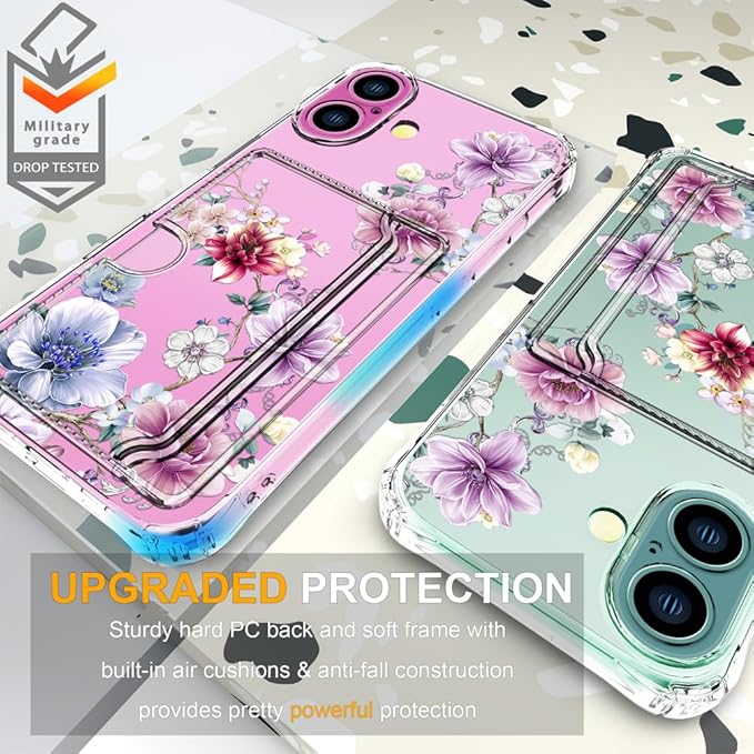 Compatible with iPhone 17 Case Card Holder for Women Cute Design,Wallet Phone Cases Transparent Cool Kawaii Protective (Clear Wonderful Large Flowers)