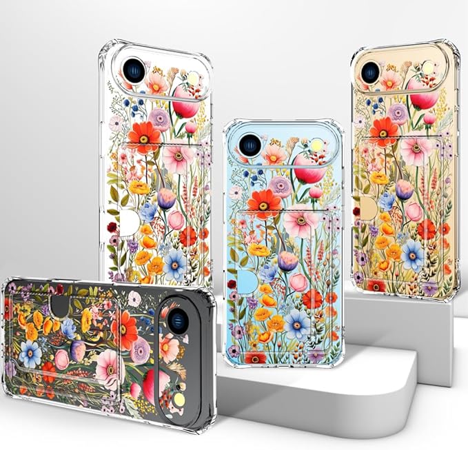 Compatible with iPhone 17 Air Case Card Holder for Women Cute Design,Wallet Phone Cases Transparent Cool Kawaii Protective (Clear Flowers Lily Girly Florals)