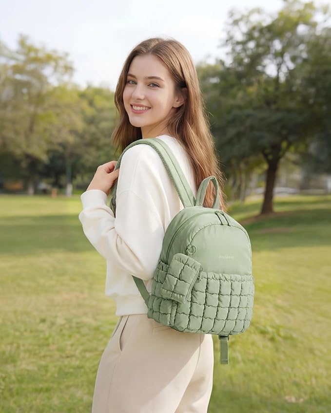 BAGSMART Mini Backpacks for Women, Puffy Checkered Quilted Small Backpack with Pouch, Lightweight Daypack Purse, Water-Resistant Bookbag for Daily Travel College, 2-in-1 Set, Sage Green