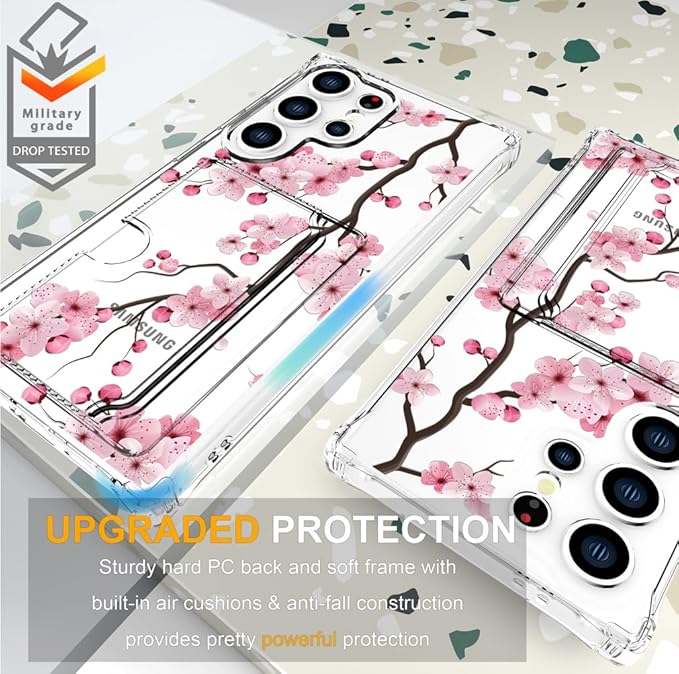 Compatible with Samsung Galaxy S24 Ultra Case Card Holder for Women Cute Design,Wallet Phone Cases Transparent Cool Kawaii Protective (Clear Sakura Peach Cherry)