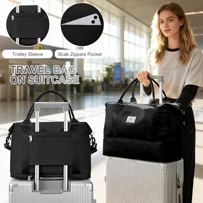 Travel Duffel Bag, 18x14x8 Inches Travel Bag Spirit with Shoes Compartment, Weekender Overnight Bag for Women with Trolley Sleeve, Carry On Bag for Airplanes Sport Tote Gym Bag (Black).