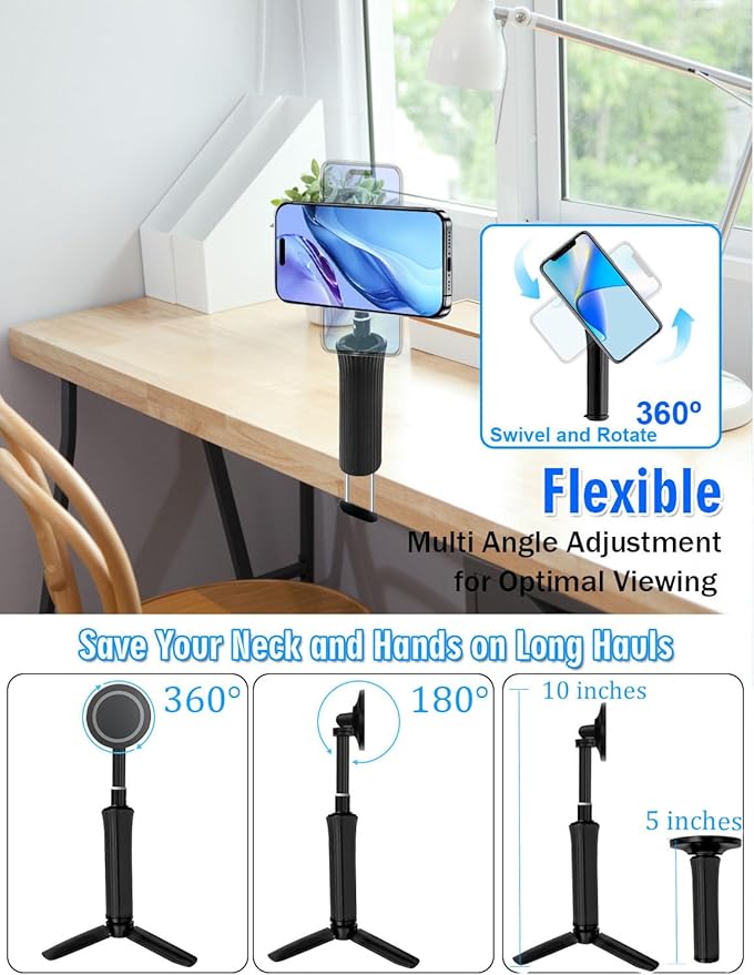 Magnetic Phone Holder for Desk, for Magsafe Cell Phone Mount Clamp Clip, 360° Rotating Adjustable Length Handsfree Phone Mount for iPhone 16 Pro Max, 15 Pro Max, 14 Plus, 13 Mini & 4-7" Phone