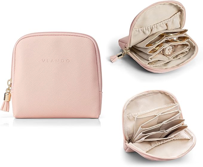 VLANDO Mini Jewelry Travel Case,Jewelry Pouch Bags with Zipper, Velvet Jewelry Organizer Storage Bag for Bracelet Rings Earring Travel Essentials Gifts for Women Girl - Pink