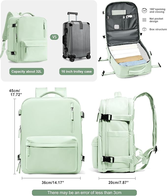 VGCUB Travel Backpack for Women Men for Spirit Airlines Personal Item Bag 18x14x8 Inches Laptop College Backpack,Waterproof Carry on Flight Approved Work Backpack Mochila de Viaje,Large Mint green