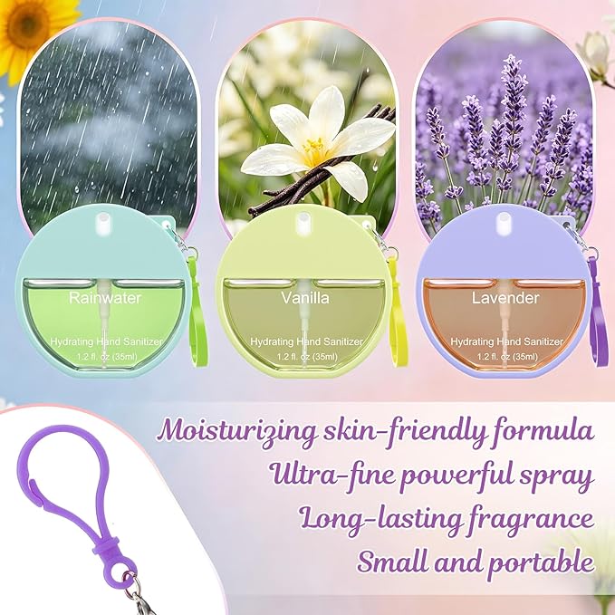 Set of 3 Power Mist Hydrating Hand Sanitizer Spray Bulk Travel Size Refreshing Hand Sanitizer 1.2 Fl. oz Compact Spray Bottle Vanilla Lavender Rainwater Scent for Daily Personal Use Gifts