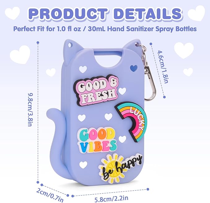 Silicone Case Holder Compatible with Hand Sanitizer Spray Touchland 1 fl oz, Cute Cat Ear Protective Case with Keychain & 4 Decorative Charms (Blue, 1P)