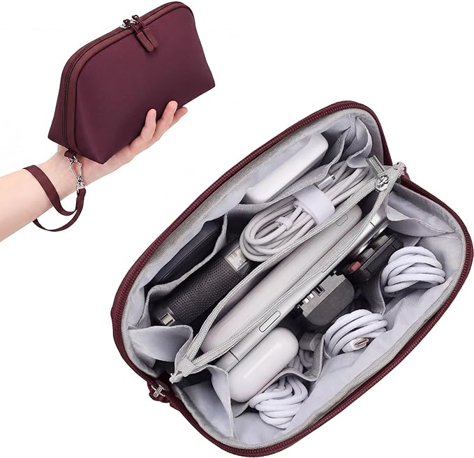 FYY Travel Cable Organizer - 8 Compartments Lightweight Water Resistant Tech Pouch with Wrist Strap, Electronic Accessories Case for Cord Charger Storage for Travel Home Office, Wine Red (Medium)
