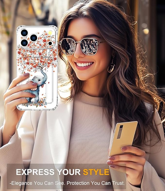 Compatible with iPhone 17 Pro Max Case Card Holder for Women Cute Design,Wallet Phone Cases Transparent Cool Kawaii Protective (Clear Elephant Creating Flowers)