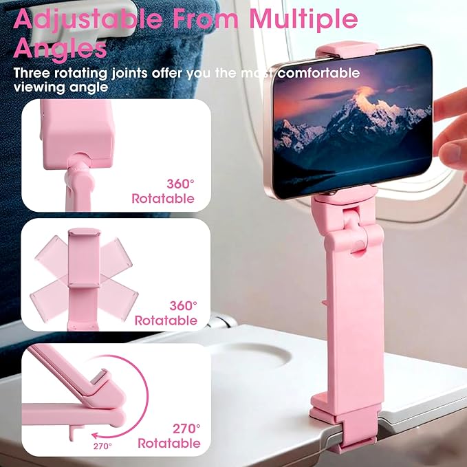 Airplane Phone Holder, Foldable Phone Holder for Airplane Seat Back Luggage Pole Desk 360° Rotation for Multi-Directional Viewing, Travel Essentials Holds Cell Phones (Pink 1pcs)