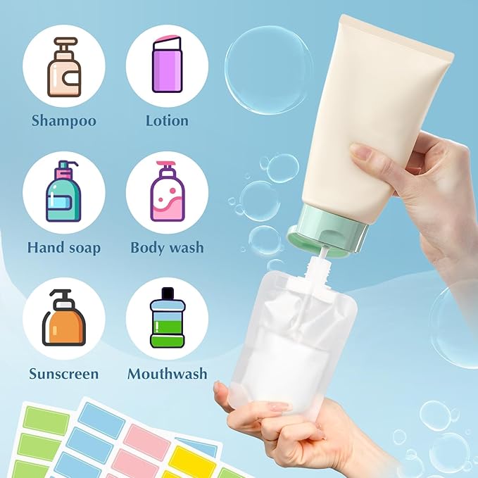 17 Pack Travel Pouches for Toiletries – TSA Compliant Leak Proof Refillable Liquid Pouches, Flat Travel Bottles for Shampoo Lotion Soap, Carry On Travel Containers 30ml 50ml 100ml