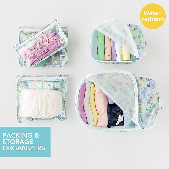Bumkins Packing Cubes and TSA Approved Pouches for Travel Bag, Organize Luggage with Compression Bags, Essential Traveling Accessories to Pack Clothes, Toiletries, Carryon Suitcase, 5-pc Disney Stitch