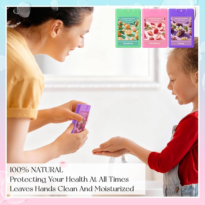 Set of 3 Power Mist Hydrating Hand Sanitizer Spray Bulk Travel Size Refreshing Hand Sanitizer 0.67 Fl. oz Compact Card Spray Bottle Grape Mandarin Strawberry Scent for Mother's Day Women Gifts