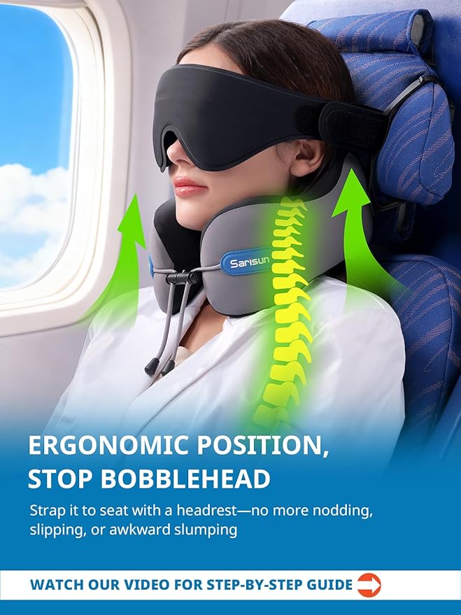 SARISUN Neck Pillow, Real Neck Support Travel Pillow with Strap, Combo with 3D Eye Mask for Sleep, Dual-Density Supportive Foam Neck Pillow for Airplane Flights, Car Road Trip Travel Essentials Gray