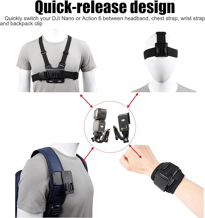 PellKing Magnetic Quick Release Vlog Mount Kit (Chest Harness,Head Mount,Wrist Strap, Backpack Clip) for DJI Osmo Action 6/Osmo Nano, 4-in-1 First Person POV Hands-Free Recording Accessory