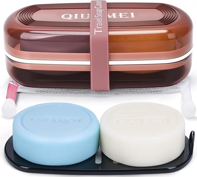 Shampoo Bar Holder and Soap Case | Leakproof Travel Container with Lid & Drain Tray | Includes Silicone Strap and Mesh Soap Bag | for Bathroom, Shower, Camping, Gym Travel (Red, Large)