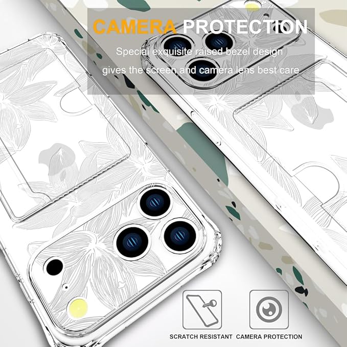 Compatible with iPhone 17 Pro Max Case Card Holder for Women Cute Design,Wallet Phone Cases Transparent Cool Kawaii Protective (Clear Flower White)