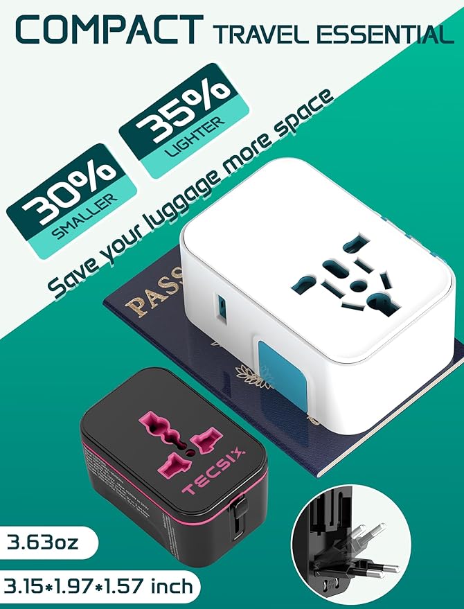 Universal Travel Adapter Worldwide, TECSIX European Travel Plug Adapter with 2 USB C, 2 USB A and Multi AC Outlets, International Power Converter for EU US UK AUS 200+ Countries Type A C G I
