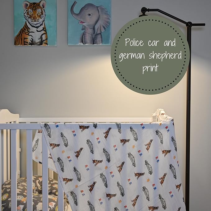 LollyBanks Muslin Swaddle Blanket, 100% Muslin Cotton Blankets for Baby Boys, 47 X 47 Inches Soft and Cozy Swaddle for Newborn Baby, Newborn Essential (Police Dog Print)