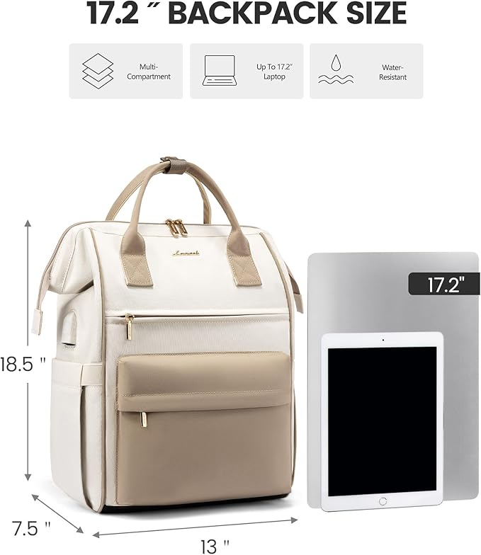 LOVEOVOOK 17.3 Inch Laptop Backpack for Women, Large Capacity Travel Backpack with USB Charging Port, Waterproof Work Backpack for Business, College, Nursing & Airline Travel,Beige