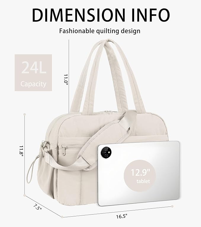 Lightweight Travel Duffle Bag for Women, Quilted Puffy Weekender with Wet Pocket for Gym, Overnight, Personal Item Carry On, Beige