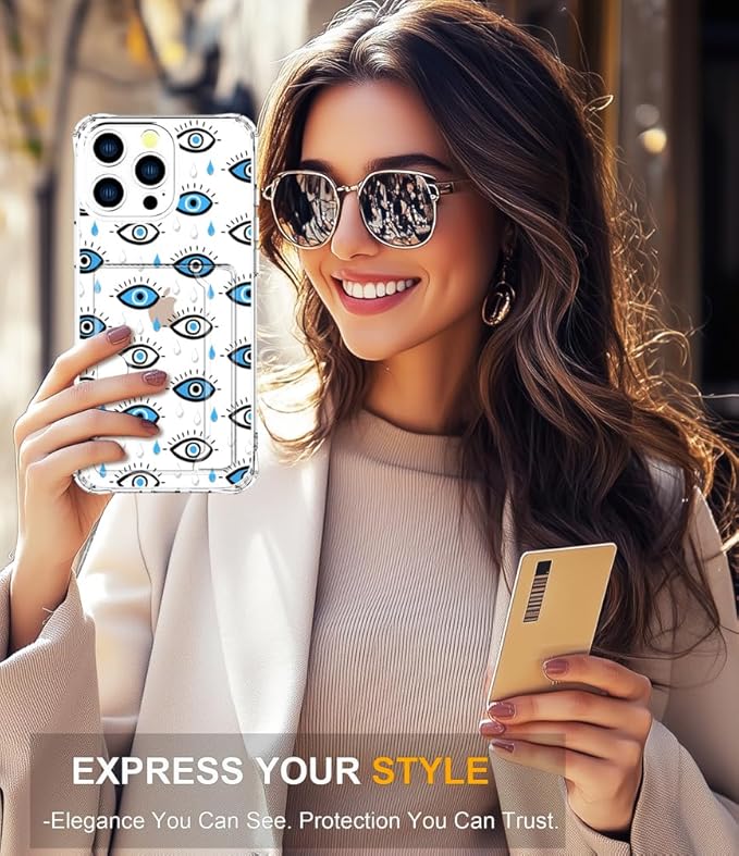 Compatible with iPhone 16 Pro Case Card Holder for Women Cute Design,Wallet Phone Cases Transparent Cool Kawaii Protective (Clear Blue Evil Eyes)