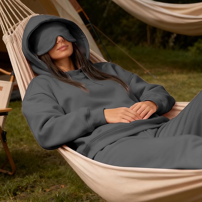 Ainangua Womens Oversized Pullover Essentials Hoodie with Eye Mask Comfor Airplane Mode Travel Office Vacation Sweatshirt