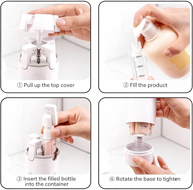 4 in 1 Travel Dispenser Bottle,4 Pack 30ML Travel Bottles for Toiletries, Leak Proof Travel Size Containers (White, OneSize)