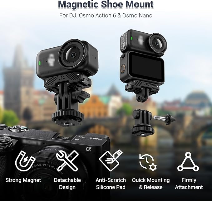 JJC Osmo Nano Action 6 Cold Shoe Adapter Mount for DJI Osmo Action 6 Accessories, 180° Angle Adjustable, Detachable Camera Monitor Mount with 1/4"-20 Screw Hole, Heavy Duty Nylon Tripod Adapter
