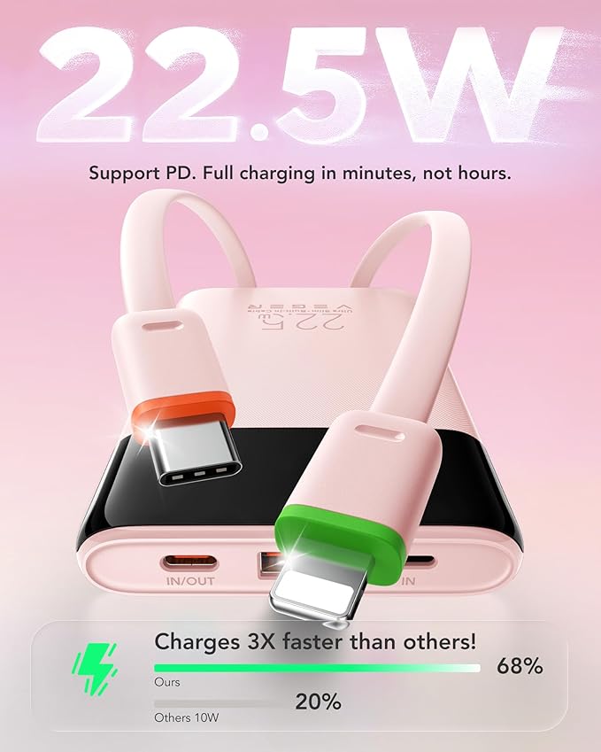 VEGER Portable Charger, Ultra Slim 22.5W Fast Charging with Built in Cable, Flight-Safe 10000mAh USB C Power Bank Battery Pack, Travel Essential Phone Powerbank for iPhone 17 16 Samsung S25 Google etc