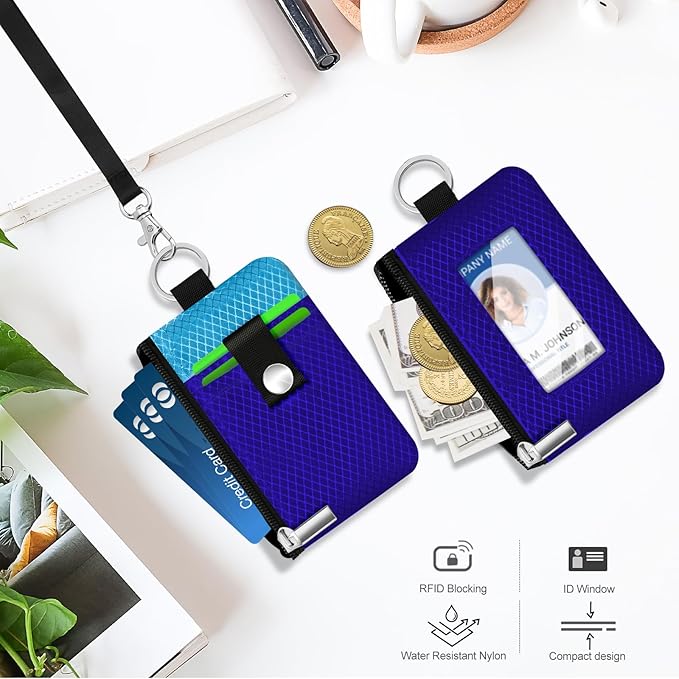 Minimalist RFID Blocking Small Wallet with ID Window,WaterResistant Zip Id Case Wallet with Lanyard Keychain for Cards,Cash,Travel,Women,Men (Sapphire Blue/Lake Blue)