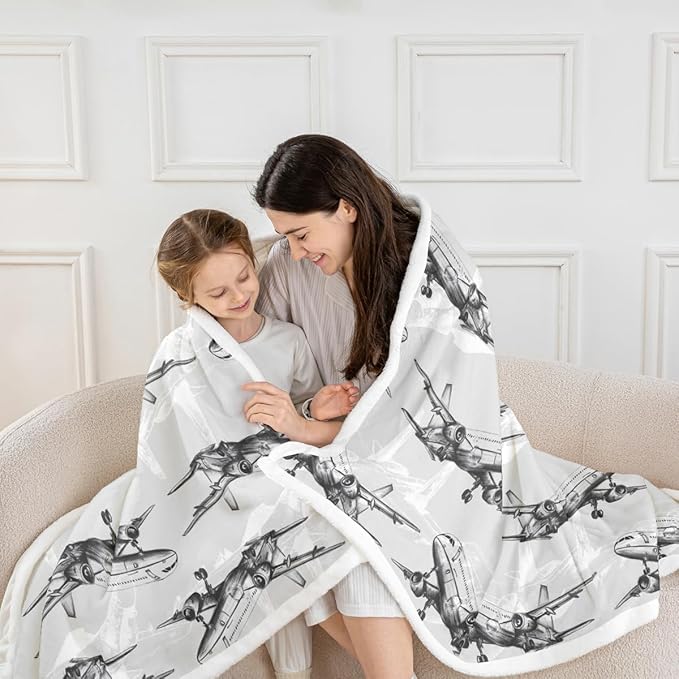 Airplane Kids Throw Blanket,American Aircraft Toddler Bed Blanket for Girls Boys Adults,Hand-Painted Sketch Airplane Fleece Blanket,Black White Fashion Fuzzy Blanket,40 x 50 Inches