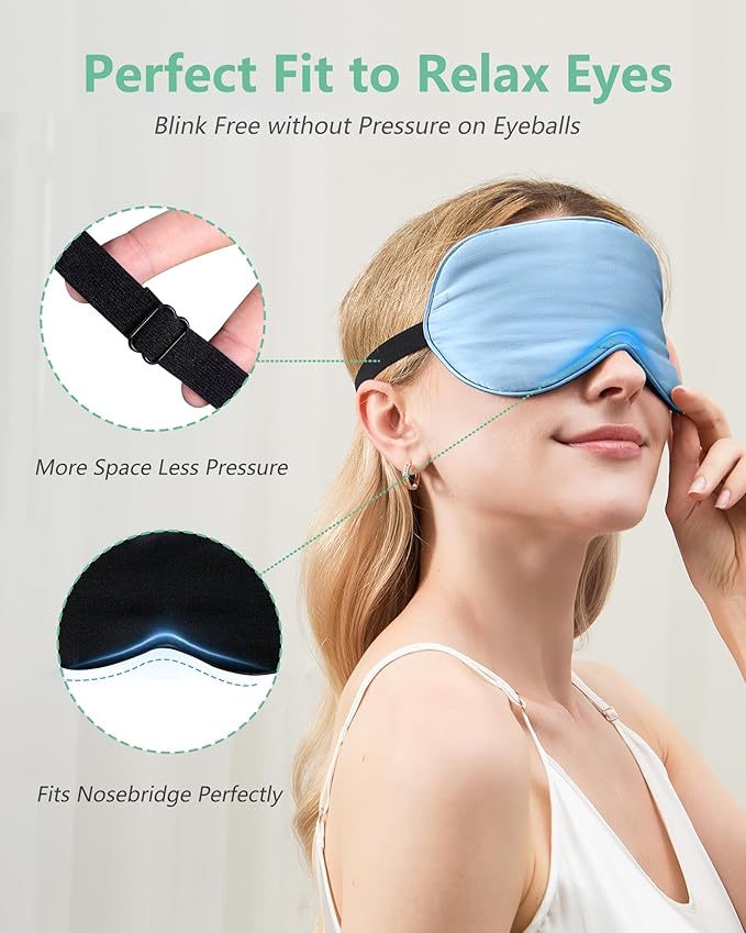 BeeVines Sleep Mask, 4 Packs 100% Real Natural Pure Silk Eye Masks with Adjustable Strap for Sleeping, Mulberry Silk Eye Sleep Shade Cover, Block Light Reduces Puffy Eyes Traveling Gifts(Light Blue)