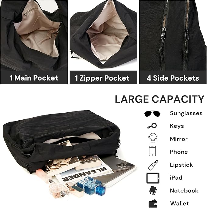 YDF Tote Bag for Women, Lightweight Foldable Nylon Slouchy Tote, Large Capacity Womens Hobo Bag for Travel, Gym, Daily Use