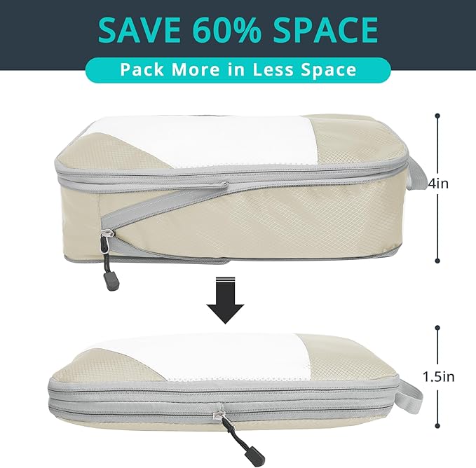 NICOSHOW Compression Packing Cubes 6 Set, Compressible Space-Saving Packing Cubes for Travel - Compression Bags, Luggage Organizer, Travel Essentials for Women, Beige